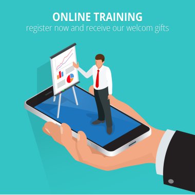 Eğitim kavramı online eğitim. Online eğitim için düz izometrik tasarım kavramları, online eğitim kursları, personel eğitimi, yeniden eğitim, uzmanlık, üniversite, öğreticiler.