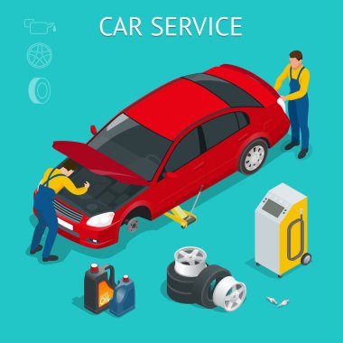 Car service center. Car service work process isometric with workers repairing and testing the car and different tools around vector illustration.