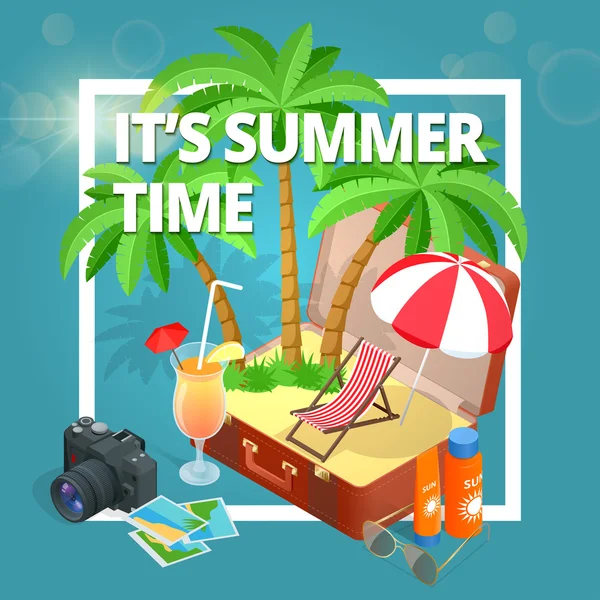 Heure d'été. Vacances d'été. Fond d'été vectoriel. Illustration isométrique vectorielle 3D plate — Image vectorielle