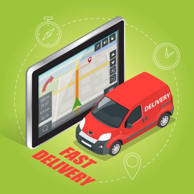 Geolocation gps navigasyon dokunmatik ekran tablet ve Hızlı teslimat hizmeti. Hızlı nakliye, ekspres teslimat, ücretsiz teslimat, hızlı teslimat simgesi. Düz 3d vektör isometrik illüstrasyon.