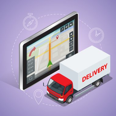 Gps kamyonu. Geolocation gps navigasyon dokunmatik ekran tablet ve Hızlı teslimat hizmeti. Hızlı nakliye, ekspres teslimat, ücretsiz teslimat, hızlı teslimat simgesi. Düz 3d vektör isometrik illüstrasyon.
