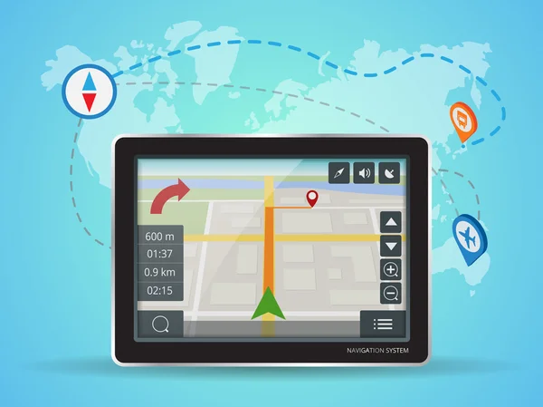 Geolocation GPS-navigering pekskärm Tablet PC. Världskarta. Mobil GPS-navigering. Tablet PC. Mobile Technologies-konceptet — Stock vektor