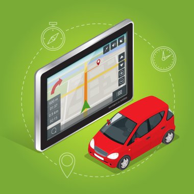 Geolocation gps navigasyon dokunmatik ekran tablet. Mobil Gps navigasyon konsepti. Düz 3d vektör isometrik illüstrasyon.