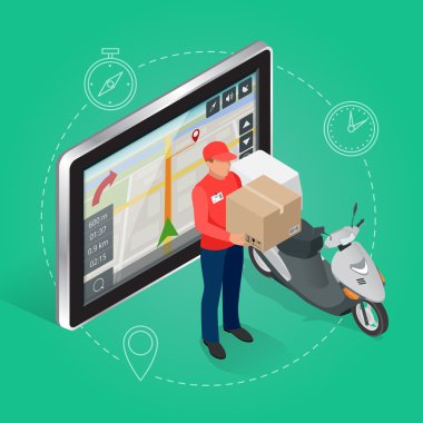 Geolocation gps navigasyon dokunmatik ekran tablet ve Hızlı teslimat hizmeti. Hızlı nakliye, ekspres teslimat, ücretsiz teslimat, hızlı teslimat simgesi. Düz 3d vektör isometrik illüstrasyon