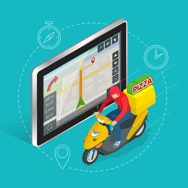 Geolocalização GPS navegação touch screen tablet e serviço de entrega rápida. Conceito de entrega de pizza. Ilustração isométrica plana do vetor 3d — Vetor de Stock