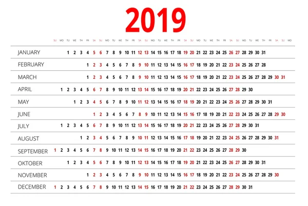 Kalendarz dla 2019. — Wektor stockowy