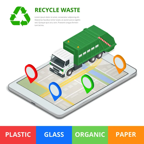 Reciclar el concepto de residuos. Eliminación de basura con navegación GPS en la ciudad. Clasificando basura. Concepto de ecología y reciclaje. Ilustración isométrica plana 3d vector . — Vector de stock