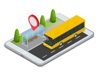 Toplu taşıma. Otobüs durağı Online zamanlama ile. App için tablet kavramı.