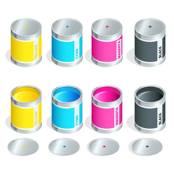 Bottles of ink in cmyk colors on white isolated background. Flat 3d vector isometric illustration. — Stock Vector
