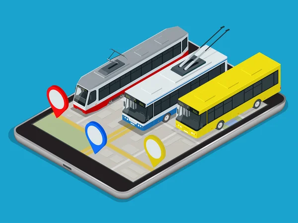 Transporte público trolebús, autobús, tranvía. Programar aplicación en línea para la tableta. Ilustración isométrica plana 3d vector — Vector de stock
