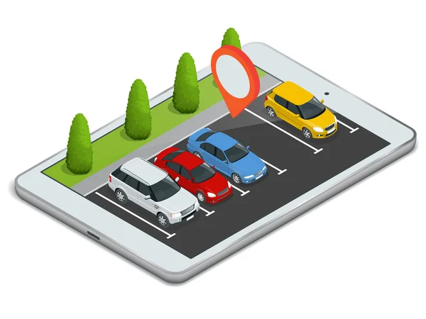 Parcheggio visualizzato sul computer portatile. Dispositivo wireless con localizzatore mappa app dispositivo. Illustrazione isometrica 3d piatta vettoriale della posizione del parcheggio su tablet internet Icona . — Vettoriale Stock