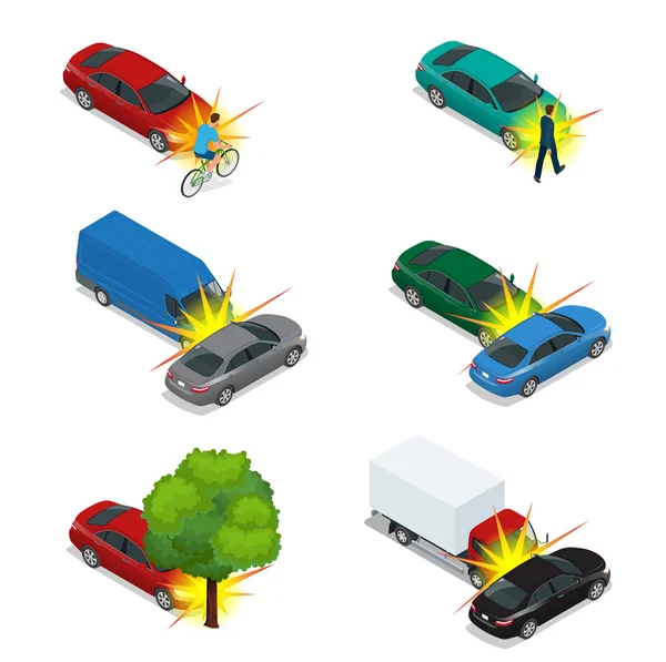 Accidente de coche, desastre de emergencia. Accidente automovilístico que involucra accidente de coche calle ciudad. Ilustración isométrica plana 3d vector — Vector de stock