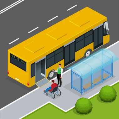 Engelli kişi ve bir otobüs bebeklerde için erişim rampası. Adam bir otobüs durağında bir tekerlekli sandalyede. Adam tekerlekli sandalye rampası ile otobüsün girmek yardımcı sürücü. Düz 3d izometrik çizim vektör