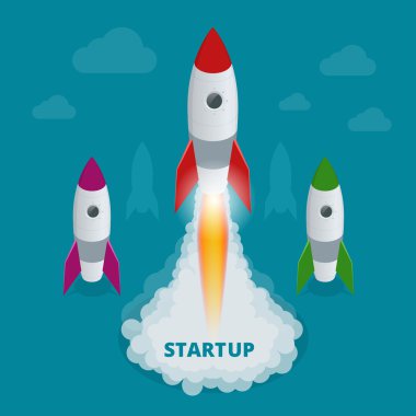 Başlangıç 3d izometrik stil teknoloji iş kavramı web infographics illüstrasyon vektör düz. Uzay gemisi fırlatma başlamak yukarıya ve büyük kelime üzerinde çalışan takım. Yaratıcı insanlar koleksiyonu