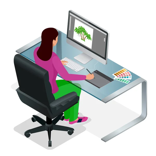 Graphic designer or artist at work. Drawing something on graphic tablet at the office. Color swatch samples. Flat 3d vector isometric illustration. — Stock Vector