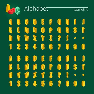 3d izometrik alfabe vektör yazı tipi. İzometrik harfler, sayılar ve semboller. Başlıklar, posterler vs. için üç boyutlu hisse senedi vektör tipografisi.