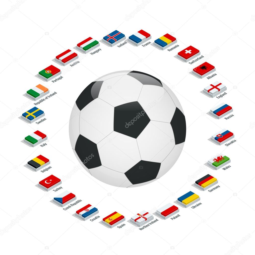 Euro 2016 France. Vector flags and groups. European football championship. Soccer tournament. Flags with country names. Flat 3d isometric illustration