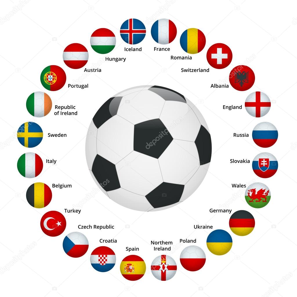 Euro 2016 France. Vector flags and groups. European football championship. Soccer tournament. Flags with country names