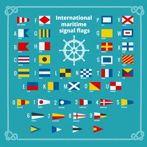 Международные морские сигнальные флаги. Морской алфавит. Плоская векторная иллюстрация . — стоковый вектор
