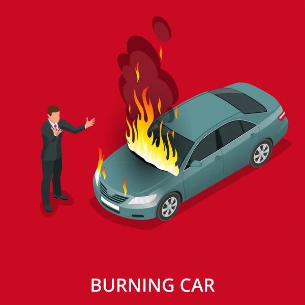 燃烧的汽车在路上。突然大火吞没了这辆车。平面的 3d 矢量等轴图. — 图库矢量图片