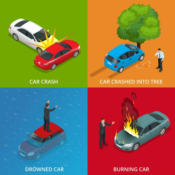 Voiture écrasée, voiture noyée, voiture en feu, voiture écrasée dans l'arbre. Accident de la circulation. Illustration isométrique vectorielle 3D plate . — Image vectorielle