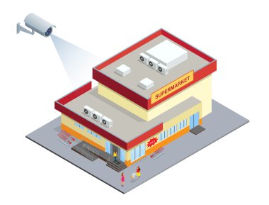 CCTV güvenlik kamera izometrik çizimde süpermarket. 3D izometrik vektör çizim.