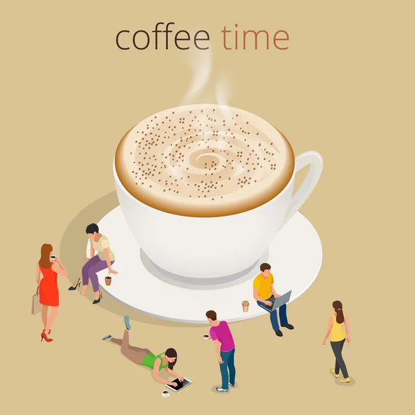 咖啡时间或喝咖啡休息时间。组人聊天互动社交概念 — 图库矢量图片