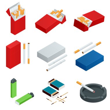 Box of matches, Lighters, cigarettes pack, cigarette. Flat 3d vector isometric illustration. clipart