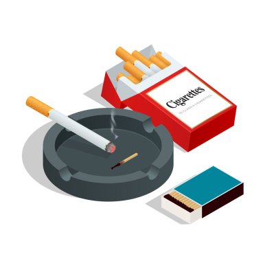 Box of matches, cigarettes pack, cigarette on white isolated background. Flat 3d vector isometric illustration. clipart