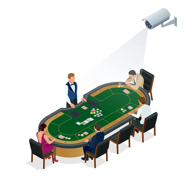 Камера видеонаблюдения на изометрической иллюстрации людей, играющих в покер в казино. Трехмерная изометрическая векторная иллюстрация . — стоковый вектор