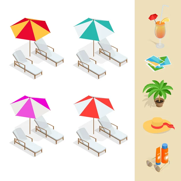 Set de iconos de playa. Zumo de naranja, sombrilla, palma, gafas de sol, foto, cámara fotográfica, sombrero de sol, crema solar. Ilustración isométrica plana 3d vector . — Archivo Imágenes Vectoriales