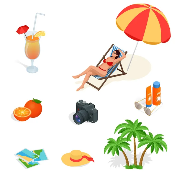 Set de iconos de playa. Chica en traje de baño en una silla de cubierta, jugo de naranja, sombrilla, palma, gafas de sol, foto, cámara fotográfica, sombrero de sol, crema solar. Ilustración isométrica plana 3d vector — Archivo Imágenes Vectoriales