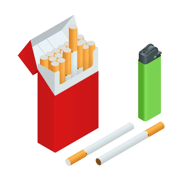 Encendedores, paquetes de cigarrillos, cigarrillos aislados. Ilustración isométrica plana 3d vector — Vector de stock