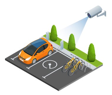CCTV güvenlik kamera izometrik çizimde elektrikli araba park yeri. 3D izometrik vektör çizim.