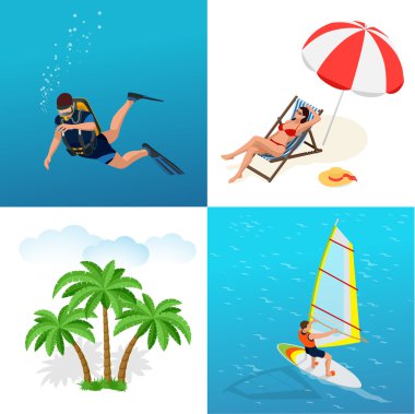 Beach Icon set. Kız bir mayo bir şezlong, dalgıç, güneş şemsiyesi, palm, adet Rüzgar Sörfü Rüzgar Sörfü için bir gemide. Düz 3d izometrik çizim vektör.