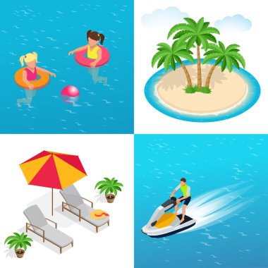 Küçük kızlar şişme yüzük, palmiye ağaçları, güneş şemsiyesi ve 2 şezlong, Jet Ski üzerinde adam yüzme. Düz 3d izometrik çizim vektör