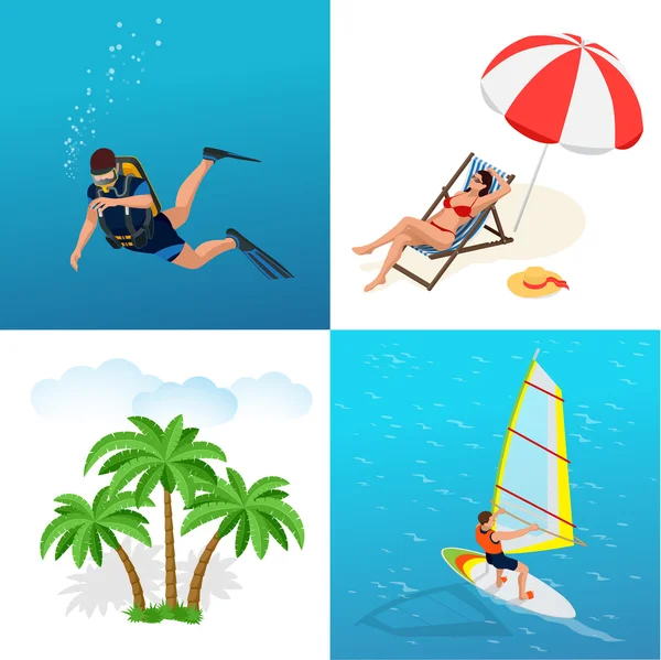 Set de iconos de playa. Chica en un traje de baño en una silla de cubierta, Buceador, sombrilla, palma, Windsurfer en una tabla para windsurf. Ilustración isométrica plana 3d vector . — Archivo Imágenes Vectoriales