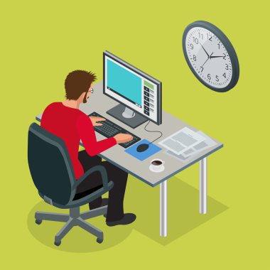 Saat iş veya zaman yönetimi proje planı planı. Kum saat düz 3d vektör izometrik çizimde. Dizüstü tablo ile iş adamı çalışma arka plan