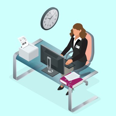 Saat iş veya zaman yönetimi proje planı planı. Kum saat düz 3d vektör izometrik çizimde. Dizüstü tabl ile iş kadın çalışma arka plan