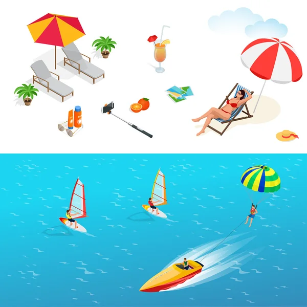 Beach Icon set. Kız bir mayo bir şezlong, portakal suyu, güneş şemsiyesi, palm, güneş gözlüğü, fotoğraf, fotoğraf makinesi, güneş şapkası, üzerinde güneş kremi. Düz 3d izometrik çizim vektör. — Stok Vektör