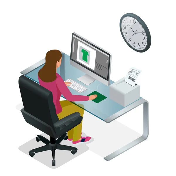 Time to work or Time management project plan schedule. Sand clock flat 3d vector isometric illustration. Business woman working background with laptop tabl — Stock Vector