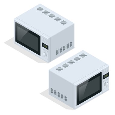 Mikrodalga fırın izole. Pişirme ve yemek Isıtma için mutfak aletleri. Düz 3d izometrik çizim vektör.