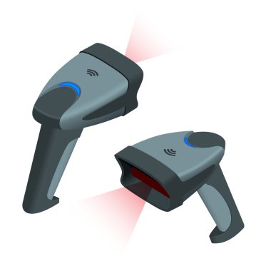Bar kodlarının el ile tarayıcı. Düz 3d izometrik çizim vektör.