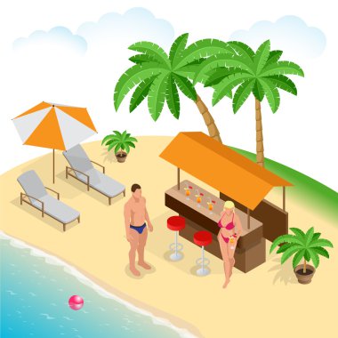 Kumlu plaj yaz kavramı. Beach plaj tatil tatil yaz çift sarı bir şemsiye altında onların güverte sandalyeleri Pzr rahatlayın. Düz 3d izometrik çizim vektör.
