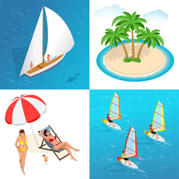 Summer concept of sandy beach. Idyllic travel background. Flat 3d vector isometric illustration. — Stock Vector