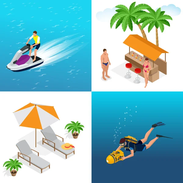 Concepto de verano de playa de arena. Fondo de viaje idílico. Ilustración isométrica plana 3d vector . — Archivo Imágenes Vectoriales