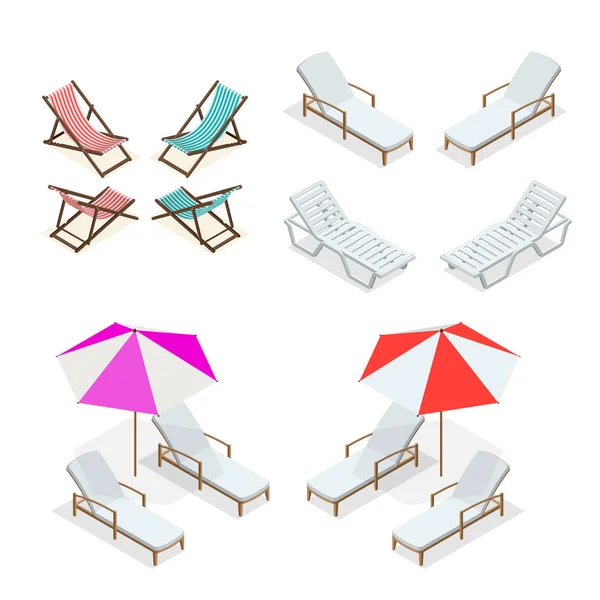 Beach chairs isolated on white background. Wooden and plastic beach chairs. Flat 3d vector isometric illustration. — Stock Vector