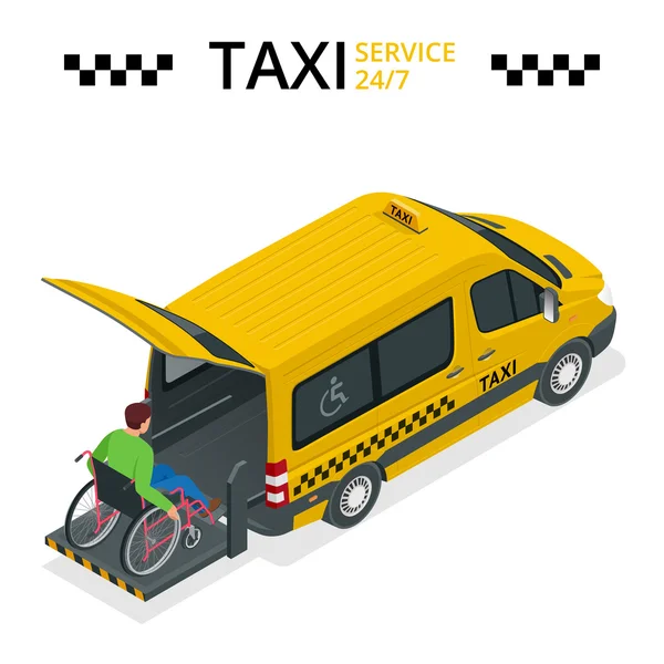 Minibus for physically disabled people. Taxi or car for man on wheelchair. Vehicle with a lift. Flat 3d vector isometric illustration. — Stock Vector