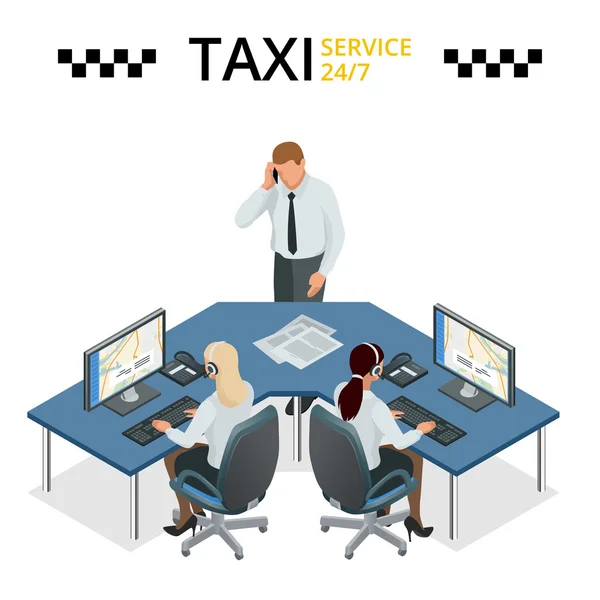Conceito de vetor de serviço de táxi, suporte técnico de carro e call center de despachante. Operadora feminina no call center . — Vetor de Stock