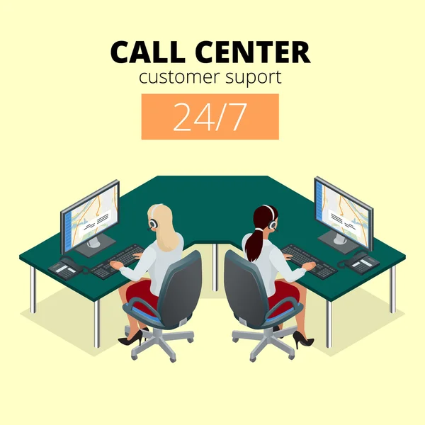 Concepto vectorial de call center. Soporte técnico o centro de llamadas despachador. Operadora en el centro de llamadas. Ilustración isométrica plana 3d vector . — Vector de stock